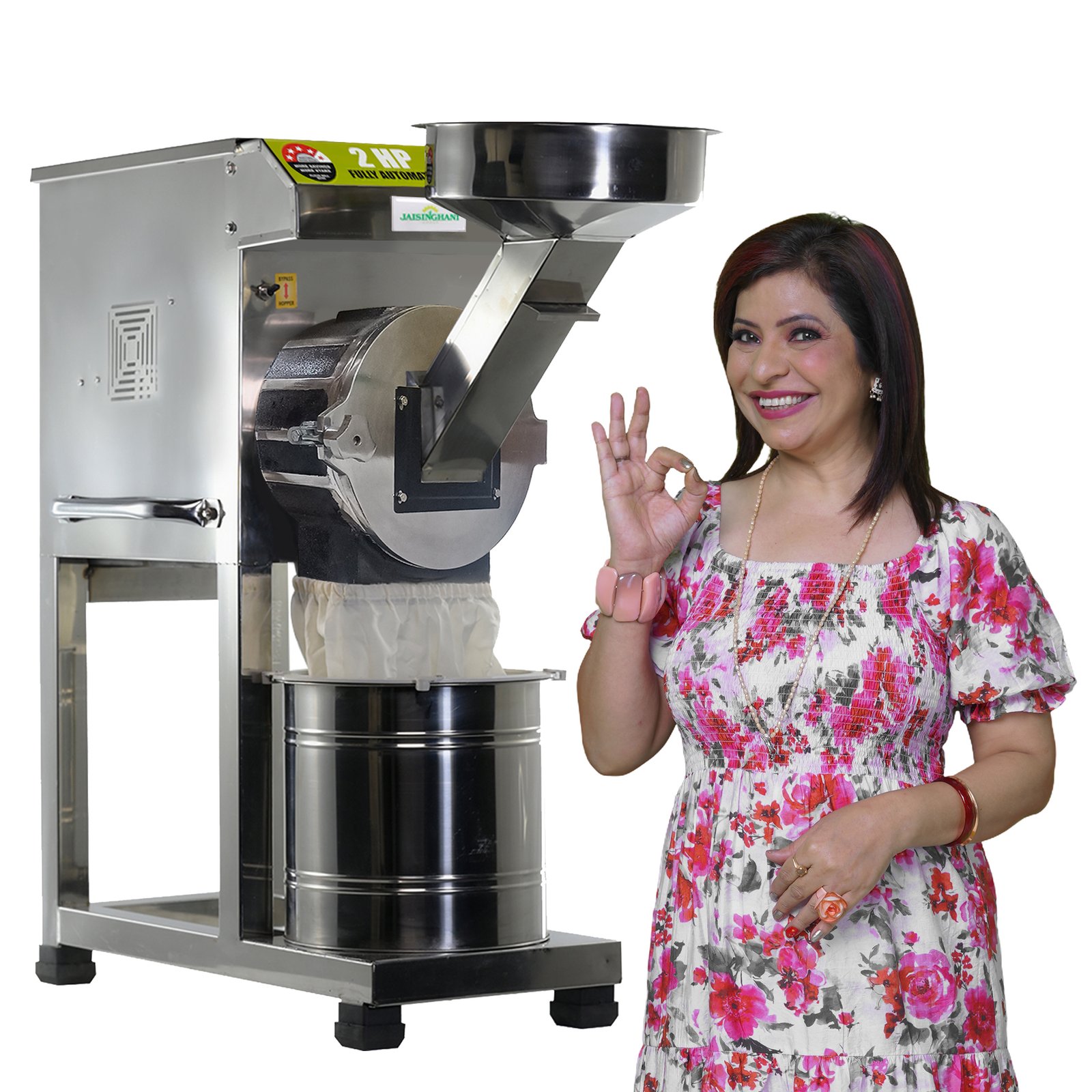 Jaisinghani Group 2 HP Full Automatic Stainless Steel Pulverizer Atta Chakki | 20 - 22 Kg/Hour Grinding Capacity | Next-Gen Commercial Pulverizer Flour Mill | Fresh Flour Atta Chakki Machine | Energy Saving