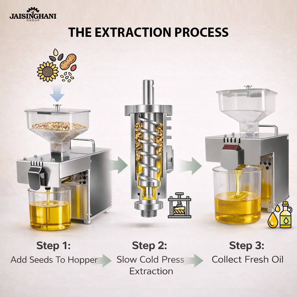 Jaisinghani Group Cold Press Oil Extraction Machine for Home Use | 600 W | 220 V | 100% Cold Press Technology | Food Grade Stainless Steel Body | Low Noise Motor | Oil Press for Sesame, Mustard, Sunflower, Coconut & Other Seeds